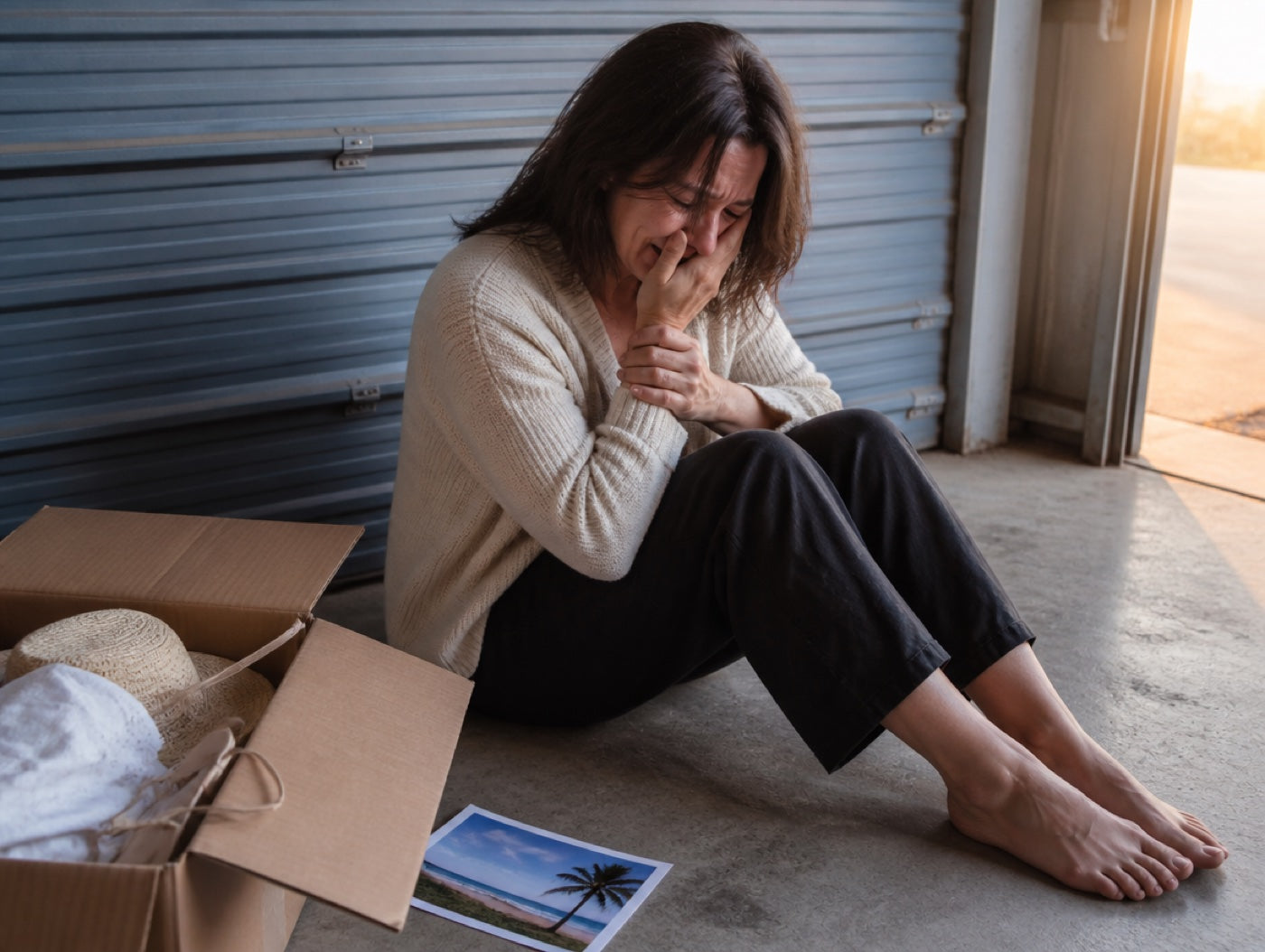 A woman crying in her garage next to a moving box of summer clothes and a Tulum resort brochure